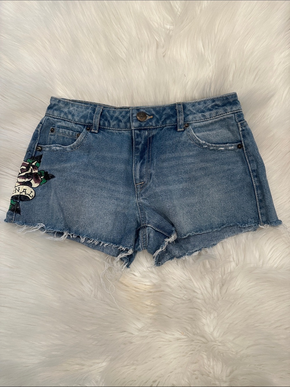 Ed Hardy Blue Denim Jean Shorts with Floral Patch - Picture 2 of 7